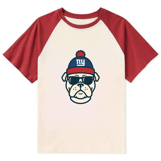 New York Bulldog wearing Giants blue and red beanie with pom pom and - Contrast Raglan T-shirt - Red