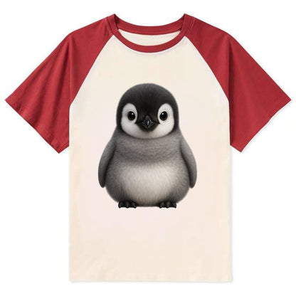 Baby Adelie Penguin - black and white, round body, curious eyes, - Contrast Raglan T-shirt - Red