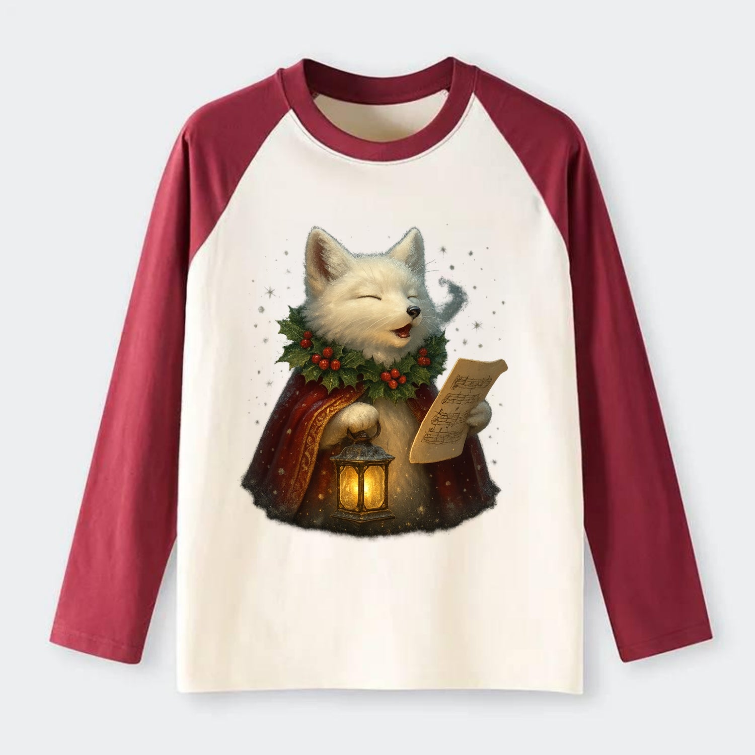 Snowbound Arctic Fox Caroler  - Raglan Long Sleeve T-Shirt - Red