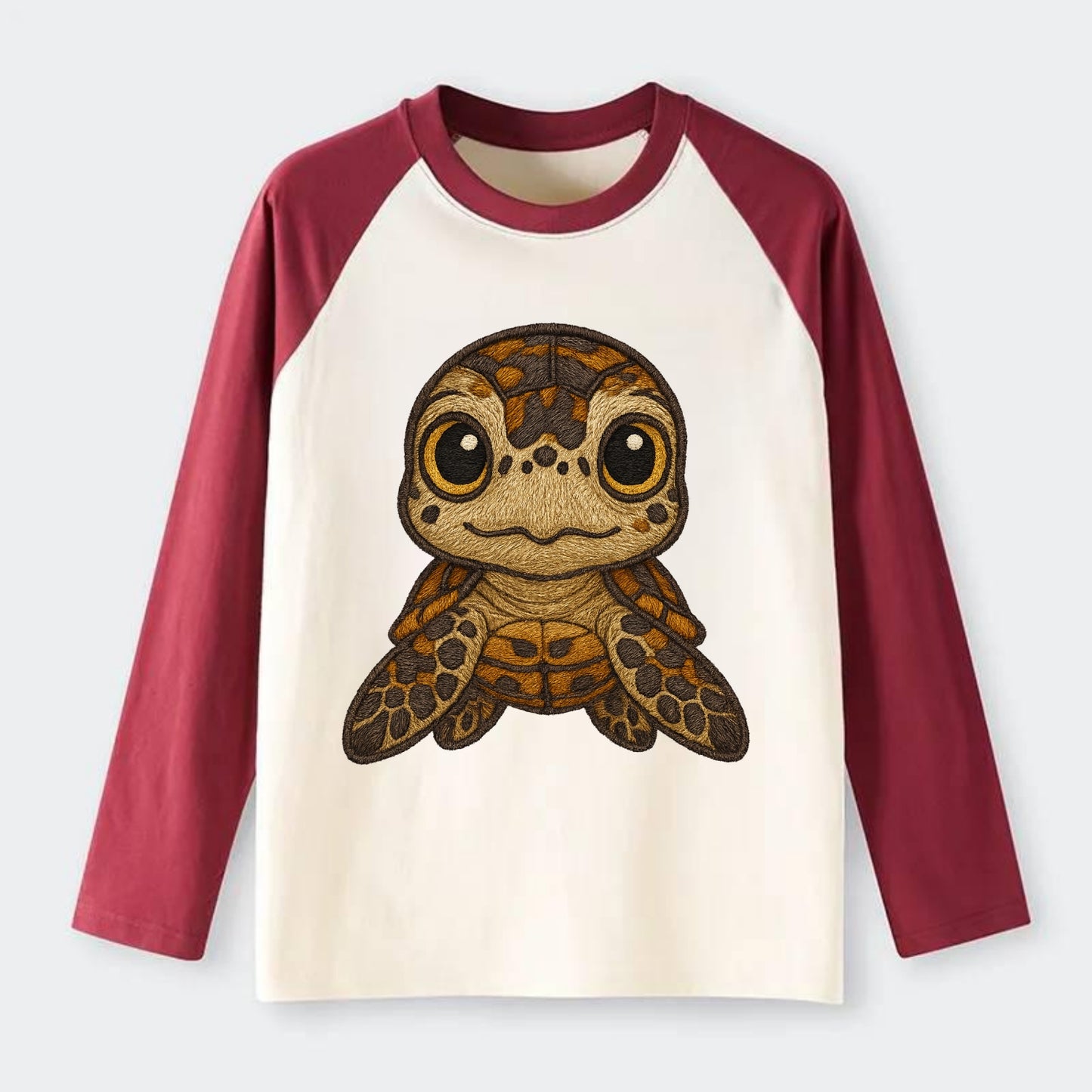 Baby Hawksbill Turtle - amber and brown shell pattern, curious golden - Raglan Long Sleeve T-Shirt - Red