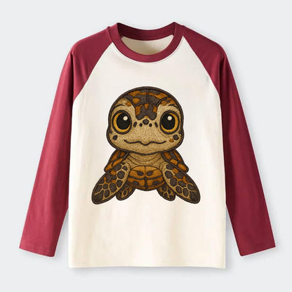 Baby Hawksbill Turtle - amber and brown shell pattern, curious golden - Raglan Long Sleeve T-Shirt - Red