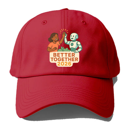 Human and AI robot high-fiving as collaborative partners - "Better Together 2026" - - Baseball Cap - Red