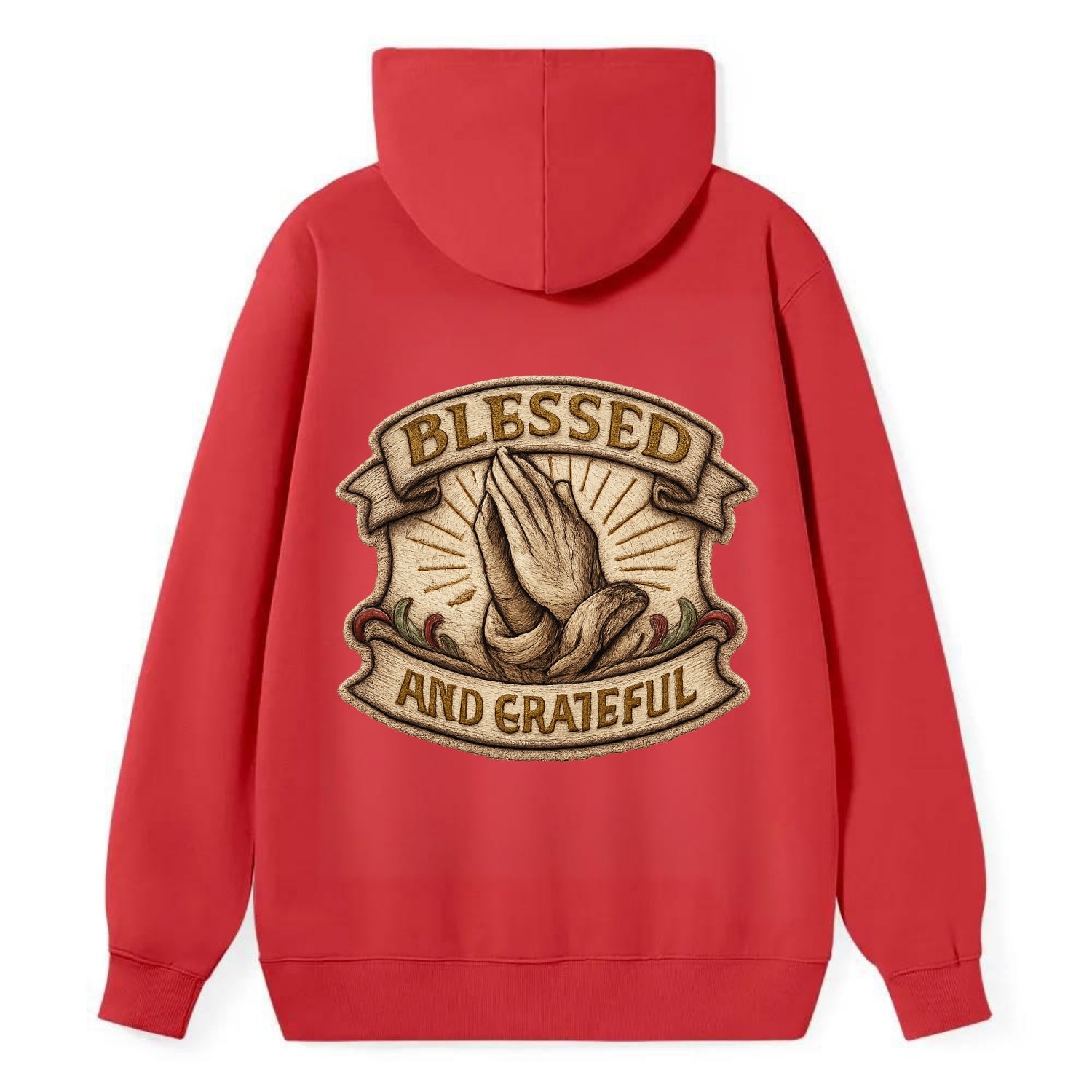 BLESSED AND GRATEFUL - praying hands with text in gold , thankful - Classic Pullover Hoodie - Red