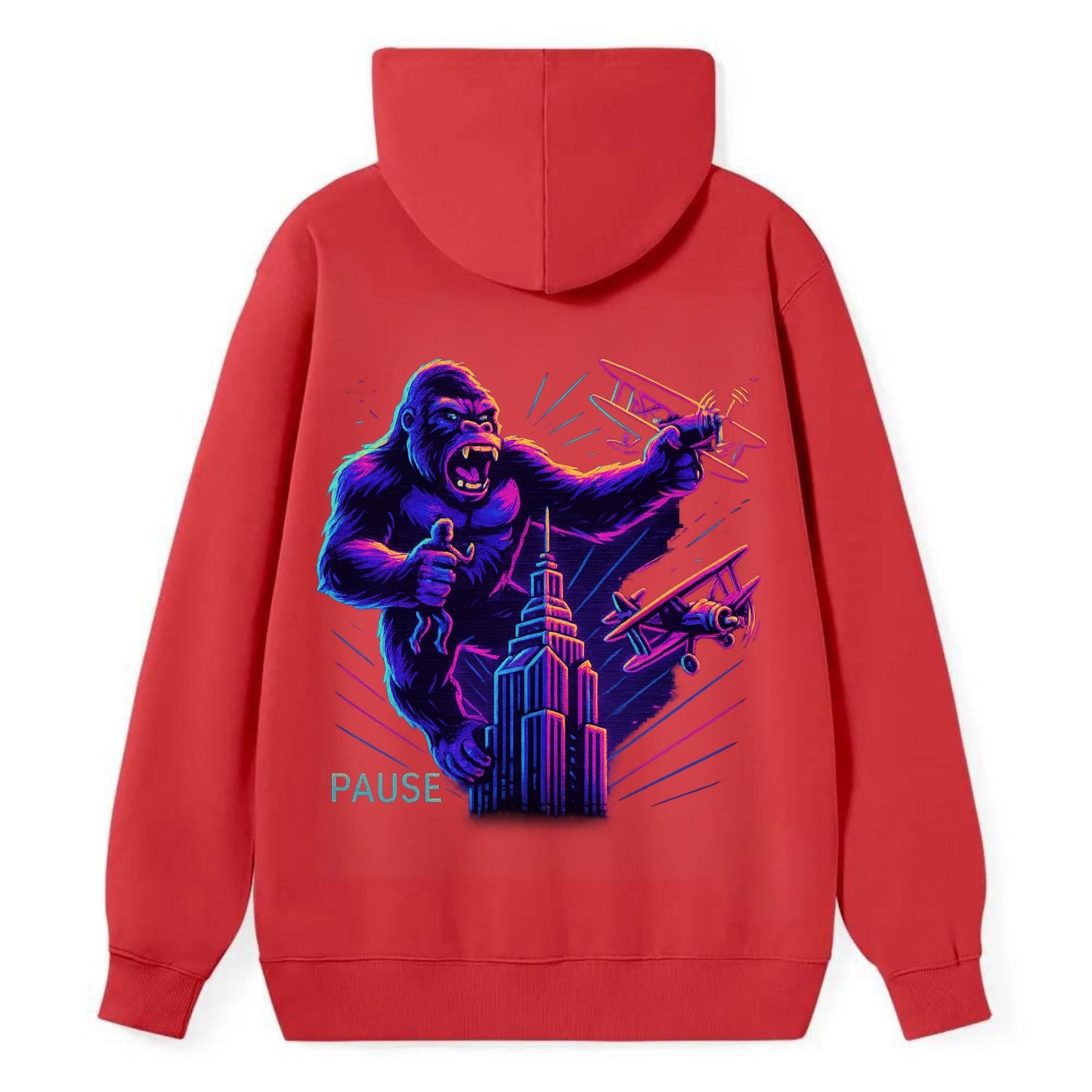 giant gorilla on top of skyscraper holding small figure, swatting planes - Classic Pullover Hoodie - Red