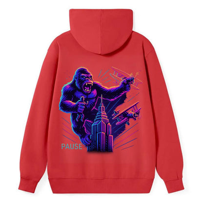 giant gorilla on top of skyscraper holding small figure, swatting planes - Classic Pullover Hoodie - Red