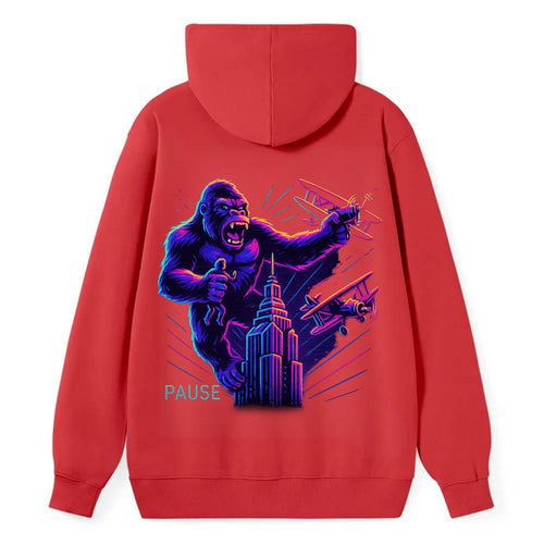 giant gorilla on top of skyscraper holding small figure, swatting planes - Classic Pullover Hoodie