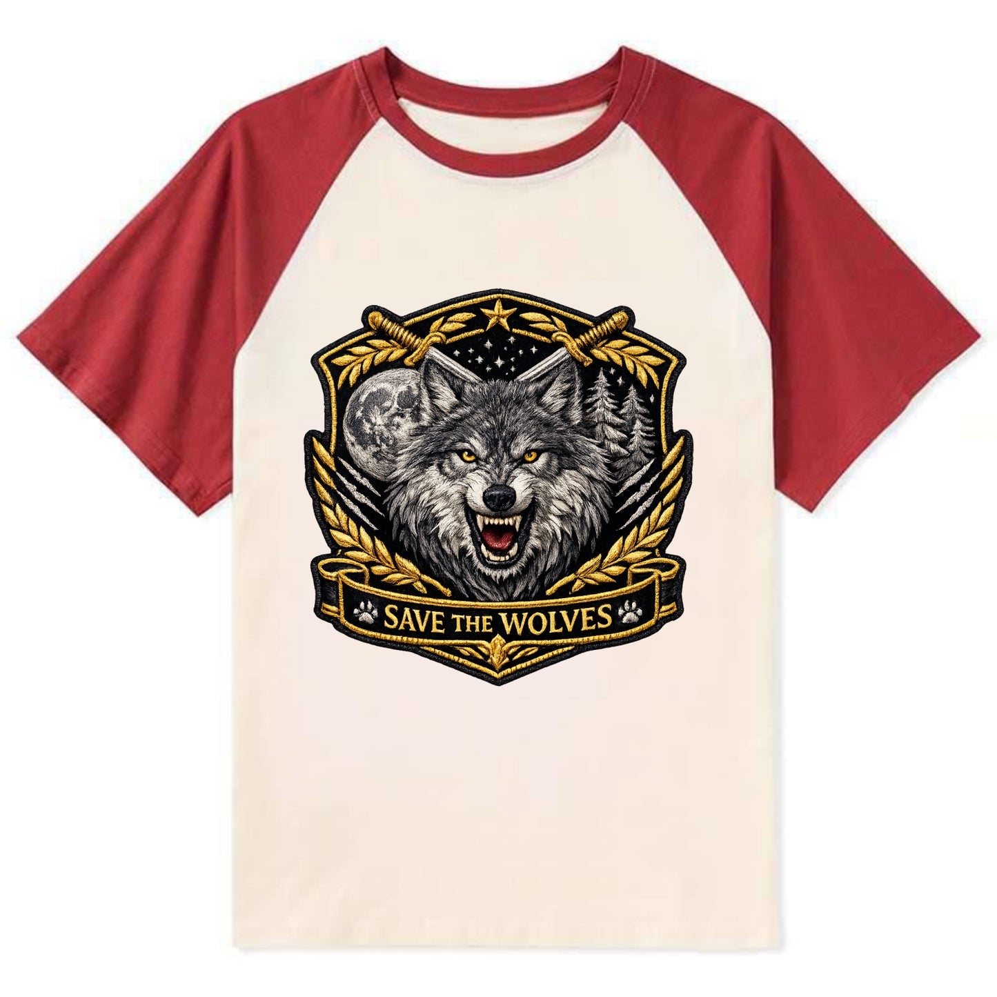 SAVE THE WOLVES - wolf moon in gray , predator protection - Contrast Raglan T-shirt - Red