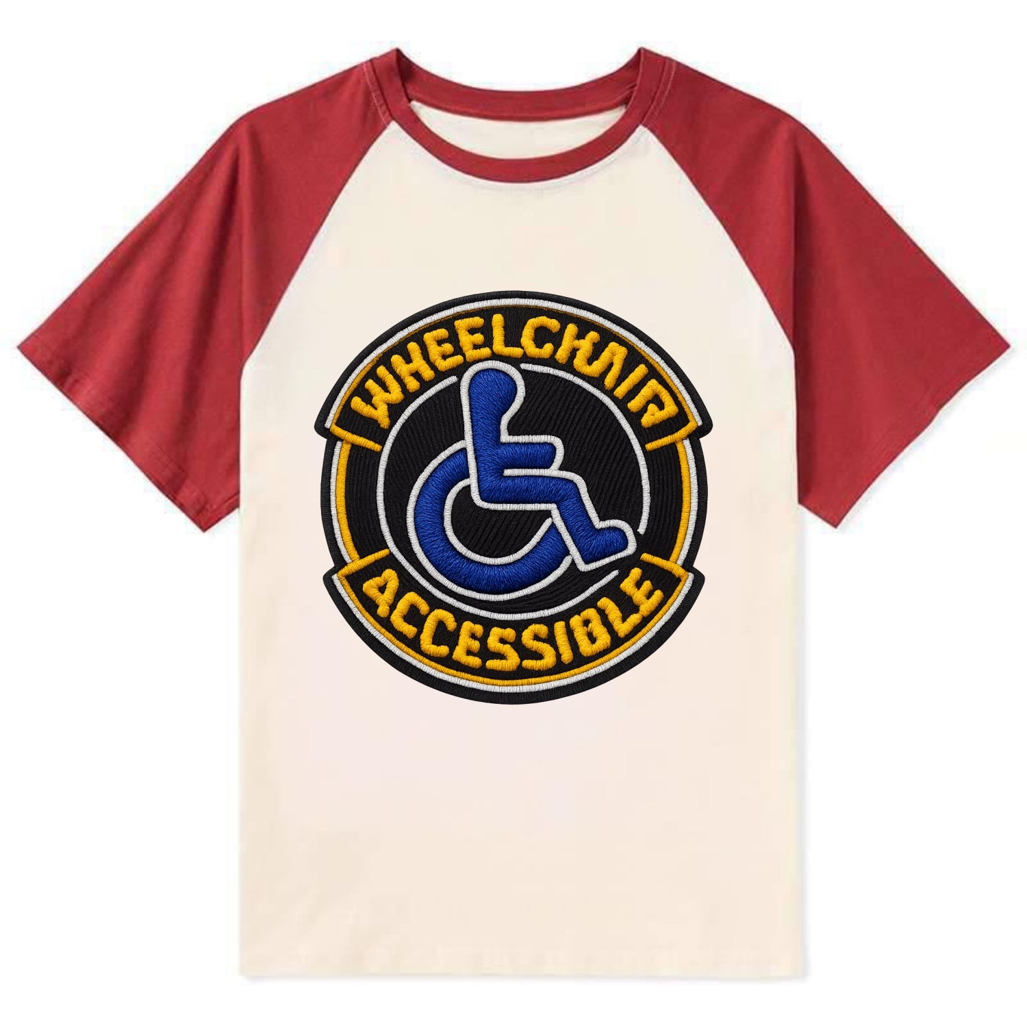 WHEELCHAIR ACCESSIBLE - accessibility symbol in blue , inclusion - Contrast Raglan T-shirt - Red