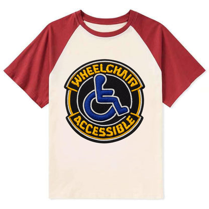 WHEELCHAIR ACCESSIBLE - accessibility symbol in blue , inclusion - Contrast Raglan T-shirt - Red