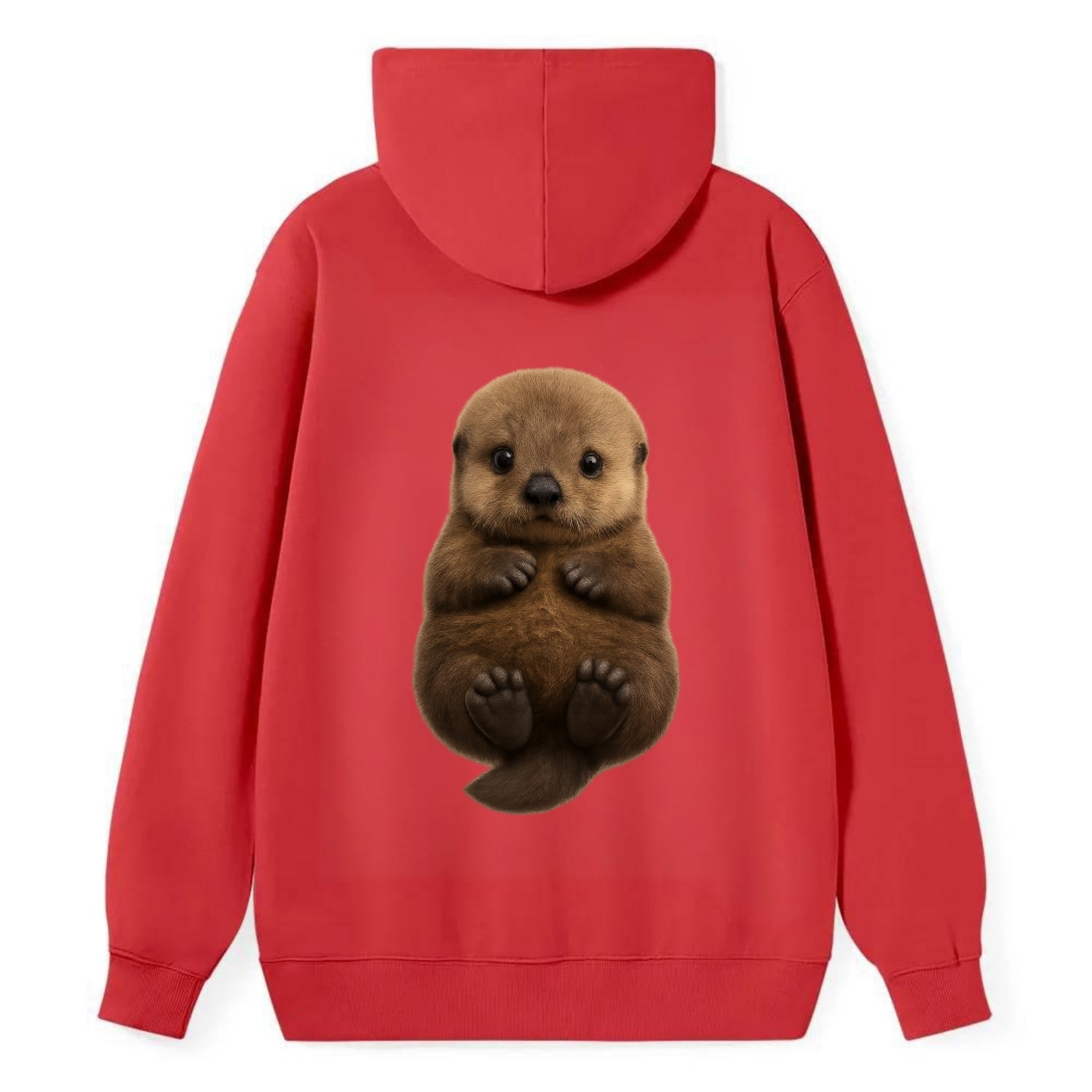 Baby Sea Otter - brown fluffy, floating on back, tiny paws, bright eyes, - Classic Pullover Hoodie - Red