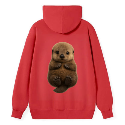 Baby Sea Otter - brown fluffy, floating on back, tiny paws, bright eyes, - Classic Pullover Hoodie - Red