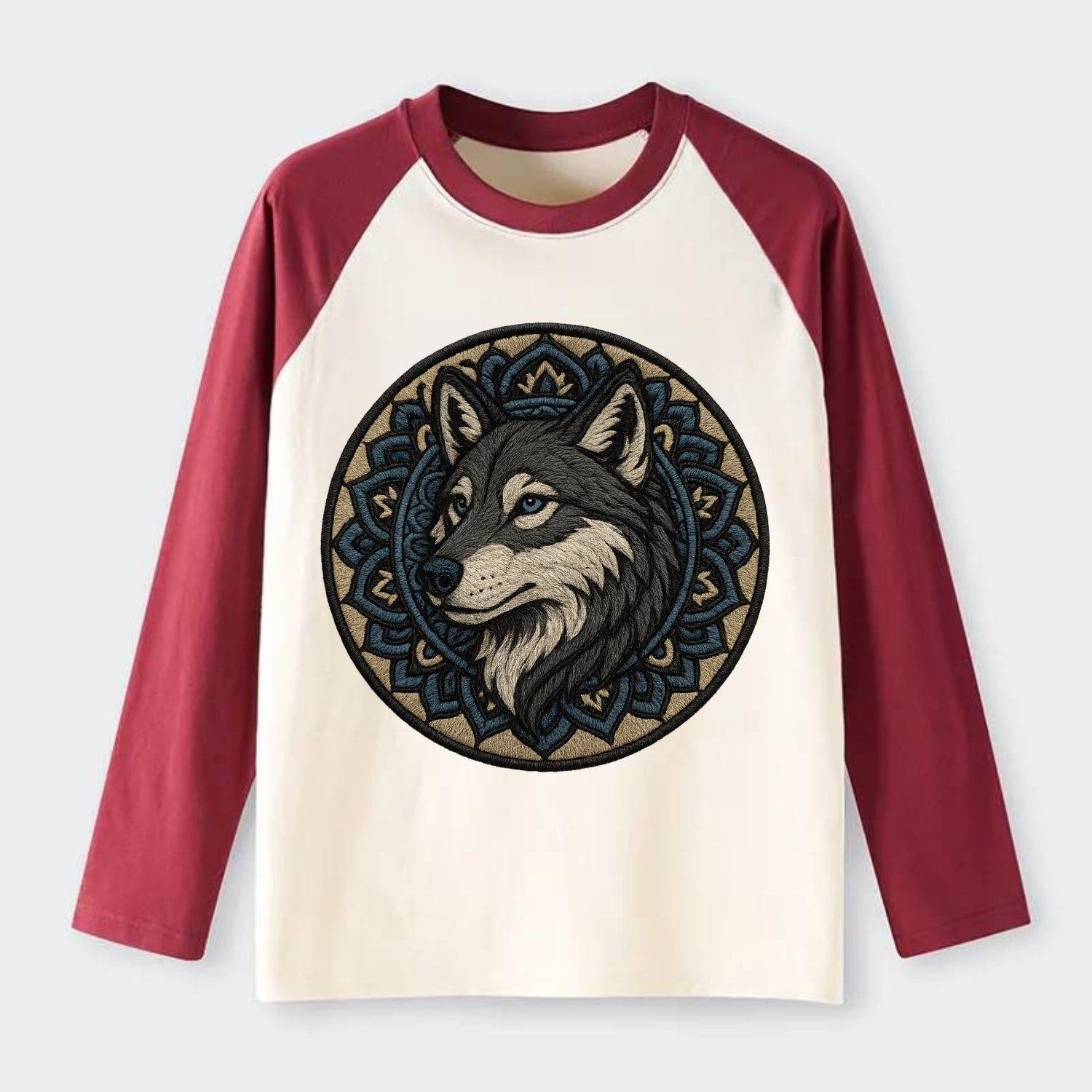 Mandala Wolf Pattern  - Raglan Long Sleeve T-Shirt - Red