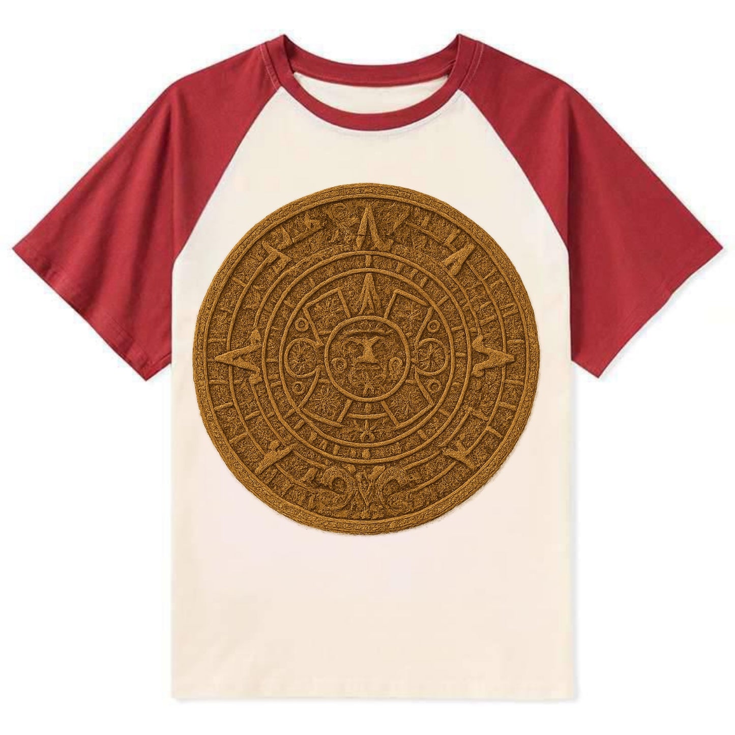 Aztec Calendar  - Contrast Raglan T-shirt - Red