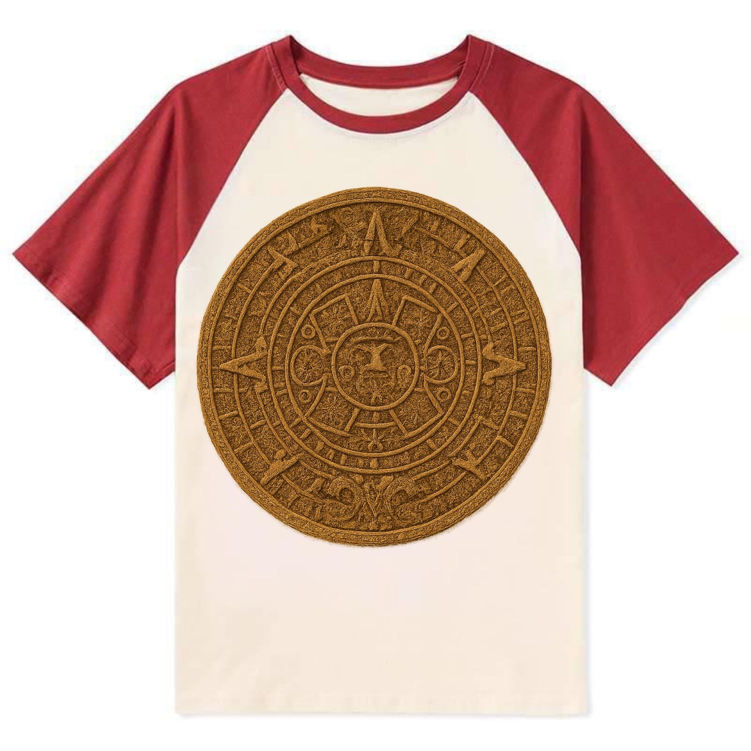 Aztec Calendar  - Contrast Raglan T-shirt - Red