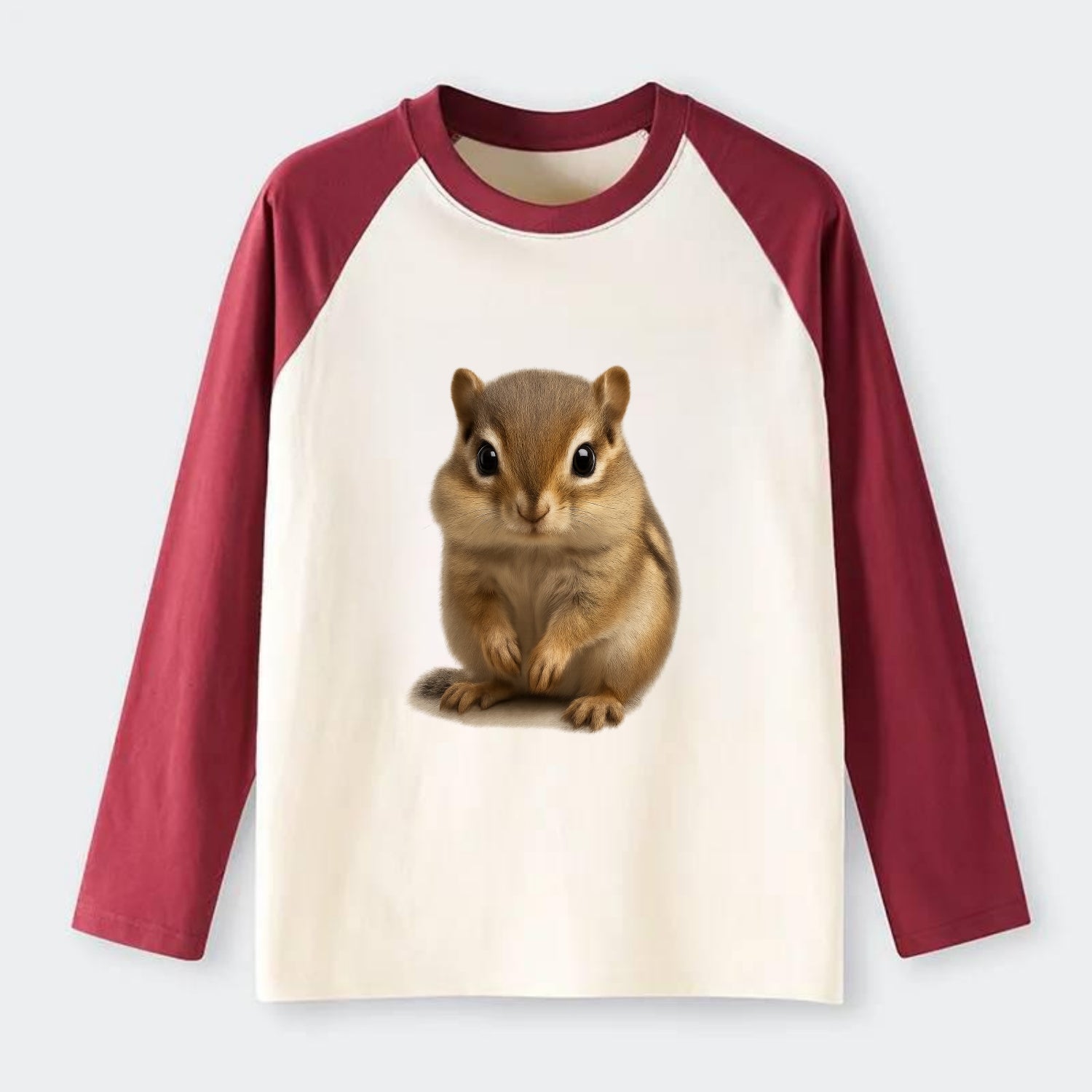 Baby Chipmunk - striped back, cheek pouches, tiny paws, bright eyes, - Raglan Long Sleeve T-Shirt - Red