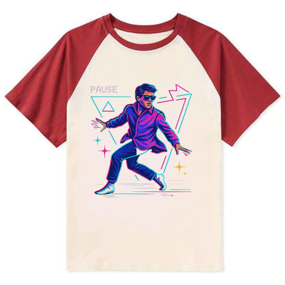 confident figure sliding across polished wooden floor in socks and - Contrast Raglan T-shirt - Red