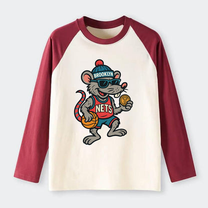 Brooklyn Rat wearing Nets beanie with subway token and wayfarer - Raglan Long Sleeve T-Shirt - Red