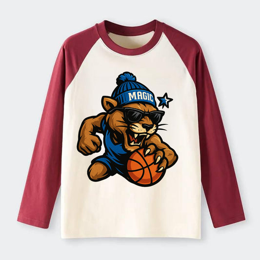 Florida Panther wearing Magic beanie with star wand patch and wayfarer - Raglan Long Sleeve T-Shirt - Red