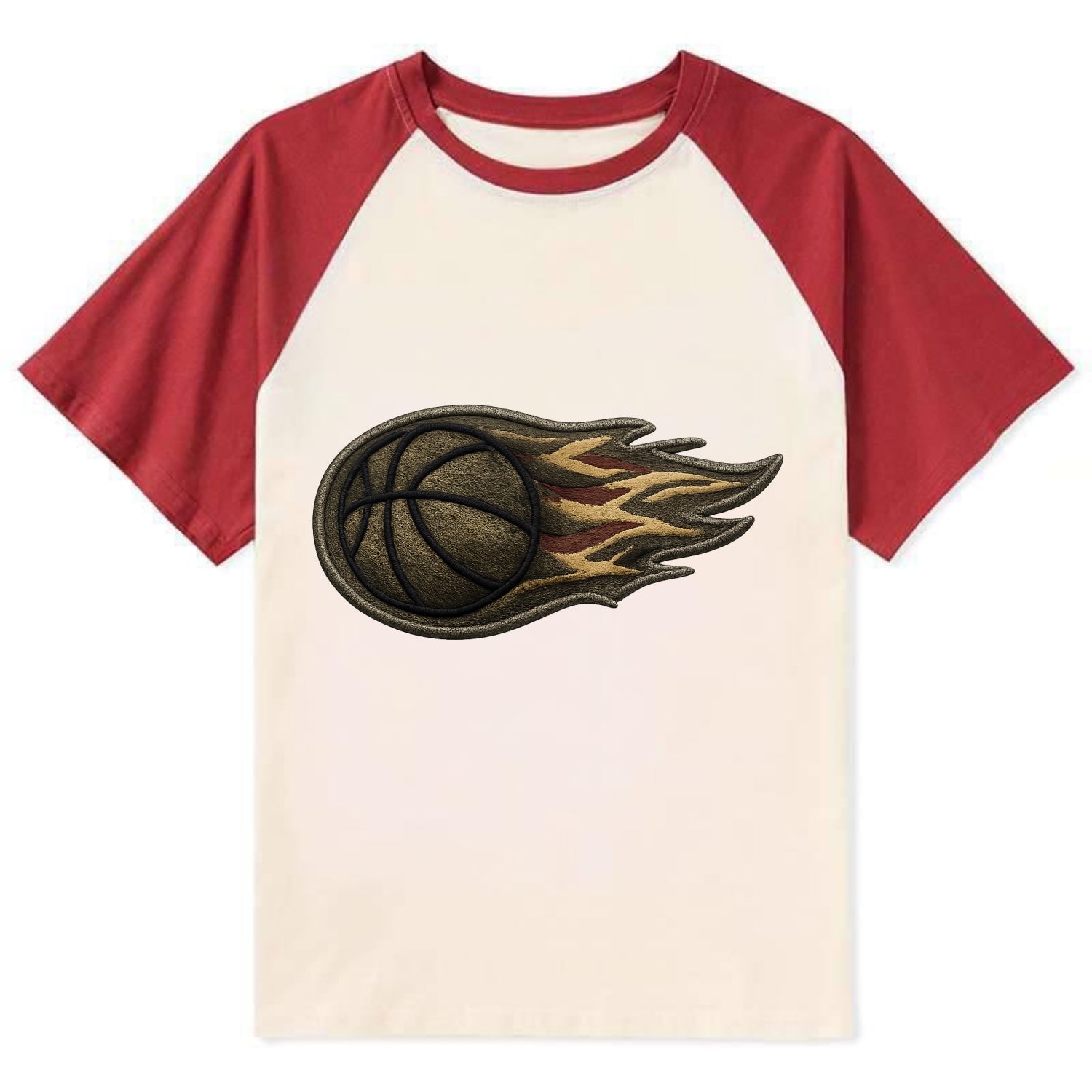 Embroidered patch design - BASKETBALL FLAMING BALL - basketball with - Contrast Raglan T-shirt - Red