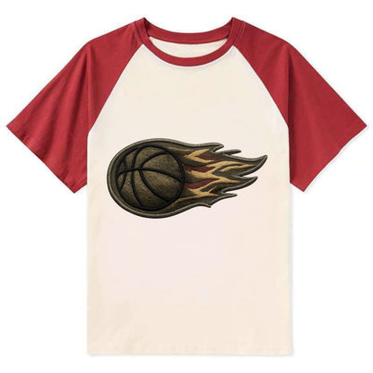 Embroidered patch design - BASKETBALL FLAMING BALL - basketball with - Contrast Raglan T-shirt - Red