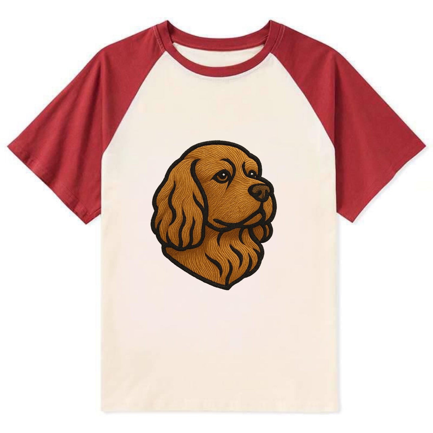 Sussex Spaniel - Golden liver embroidered low-set design - Contrast Raglan T-shirt - Red