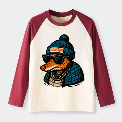 Houston Armadillo wearing Houston beanie with pom pom and wayfarer - Raglan Long Sleeve T-Shirt - Red