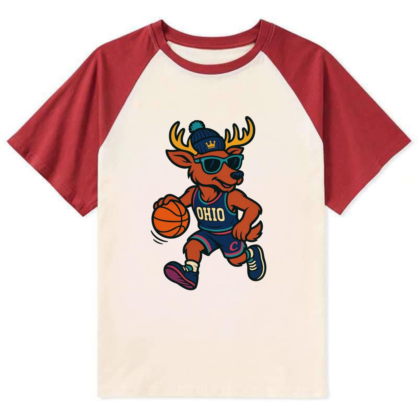 Ohio Deer wearing Cavs beanie with crown patch and wayfarer sunglasses - Contrast Raglan T-shirt - Red