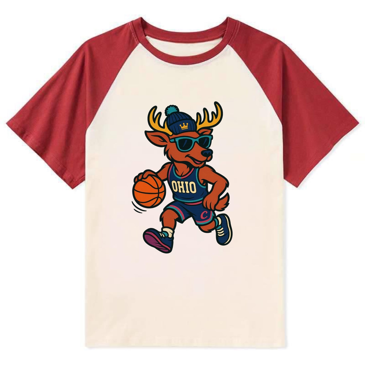 Ohio Deer wearing Cavs beanie with crown patch and wayfarer sunglasses - Contrast Raglan T-shirt - Red