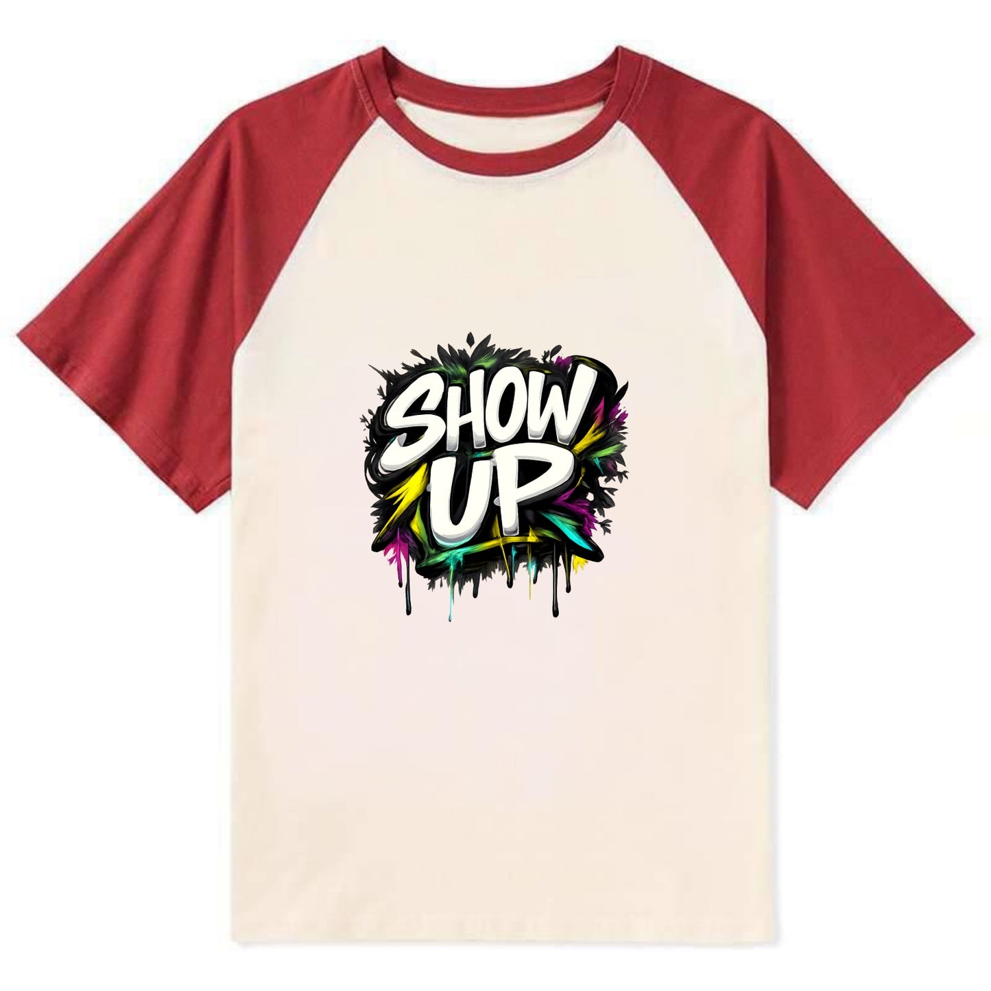 Bold typography design - "SHOW UP" - be present, arrive ready - Contrast Raglan T-shirt - Red
