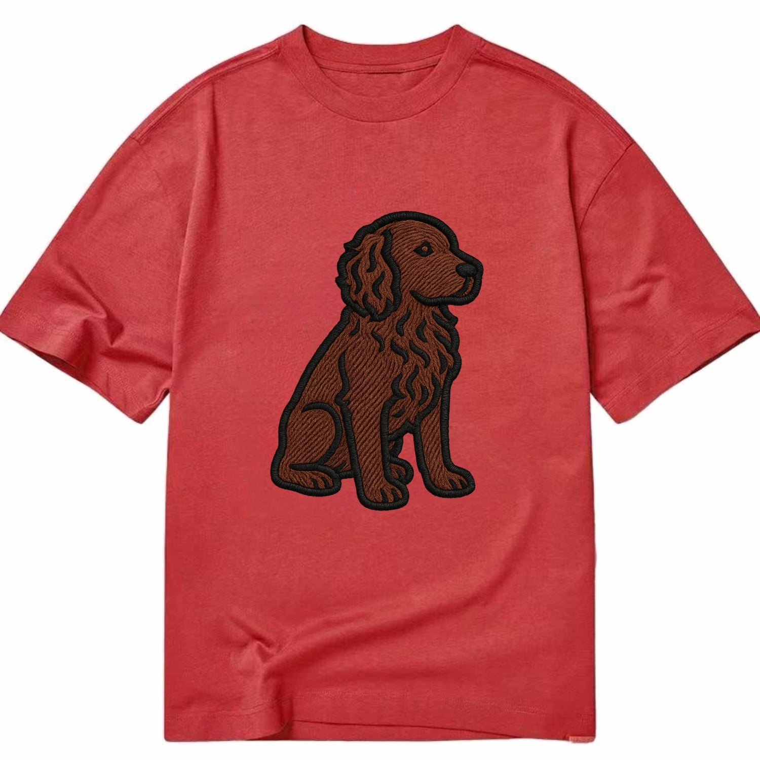 Boykin Spaniel - Rich chocolate brown wavy coat embroidered sitting pose - Classic T-shirt - Red