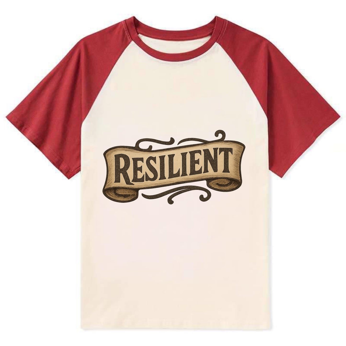 Bold typography design - "RESILIENT" - bouncing back, unbreakable spirit - Contrast Raglan T-shirt - Red