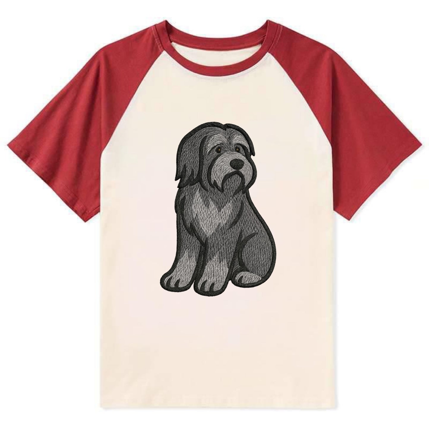 Bearded Collie - Gray shaggy coat embroidered pose - Contrast Raglan T-shirt - Red