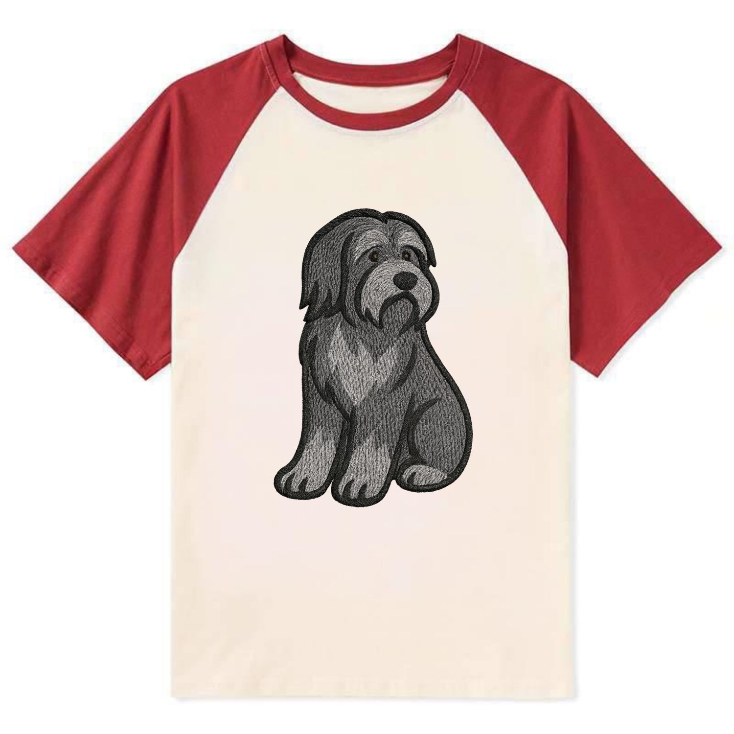 Bearded Collie - Gray shaggy coat embroidered pose - Contrast Raglan T-shirt - Red