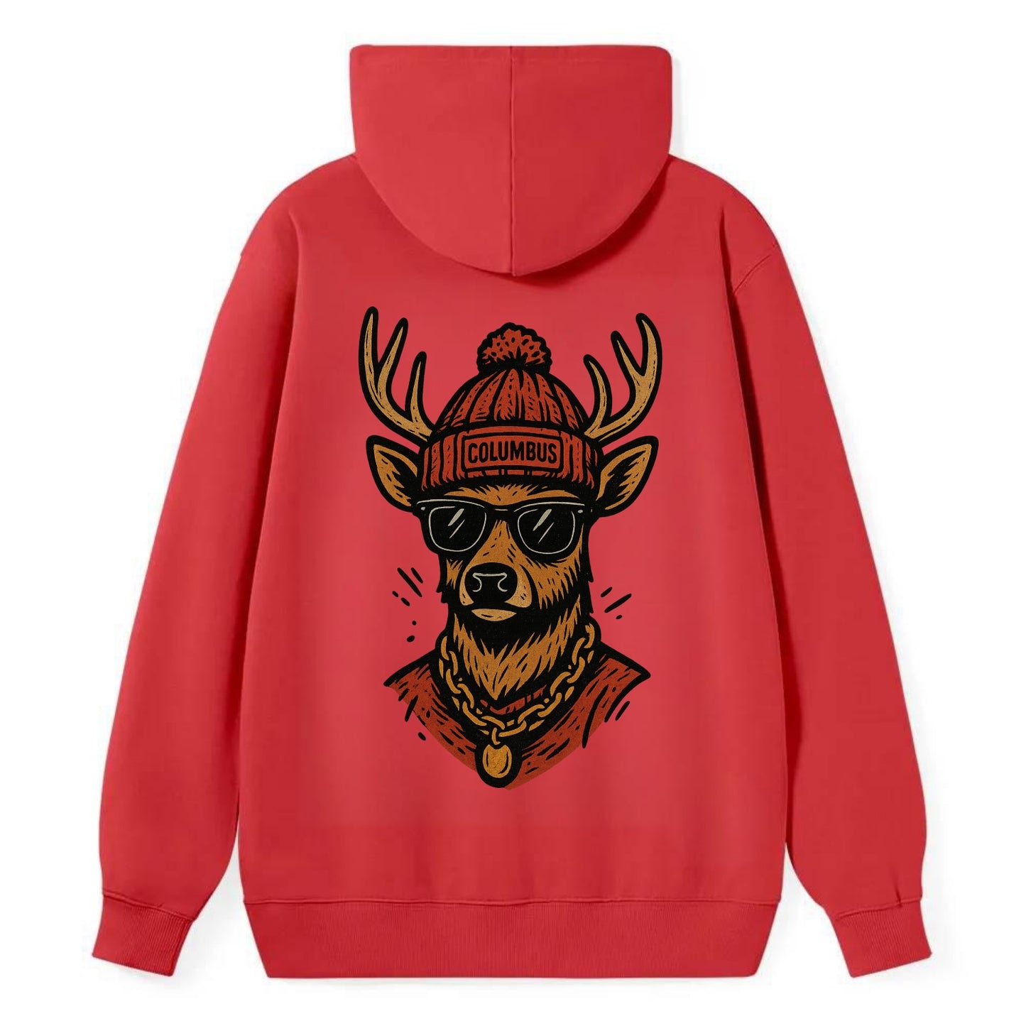 Columbus White-tailed Deer wearing Columbus beanie with pom pom and - Classic Pullover Hoodie - Red