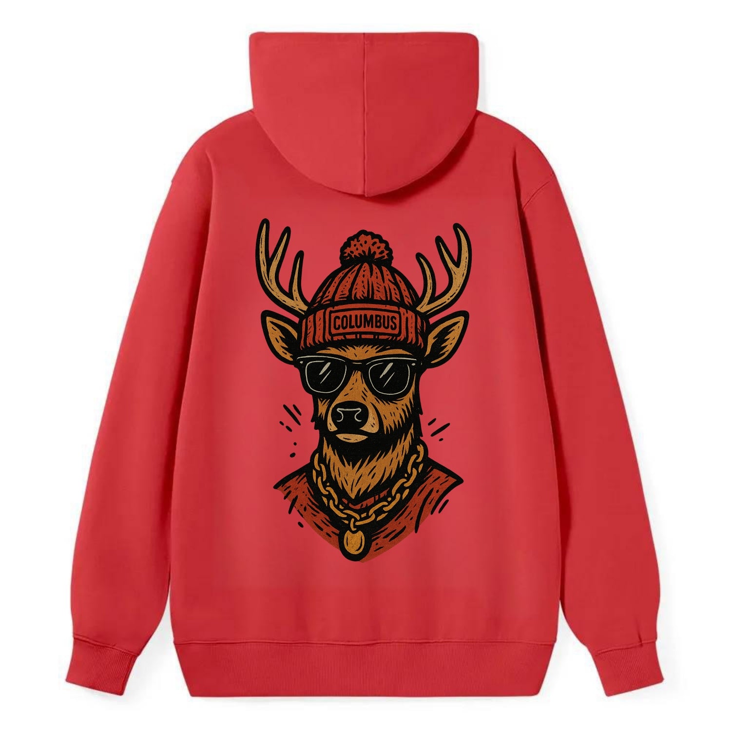 Columbus White-tailed Deer wearing Columbus beanie with pom pom and - Classic Pullover Hoodie - Red
