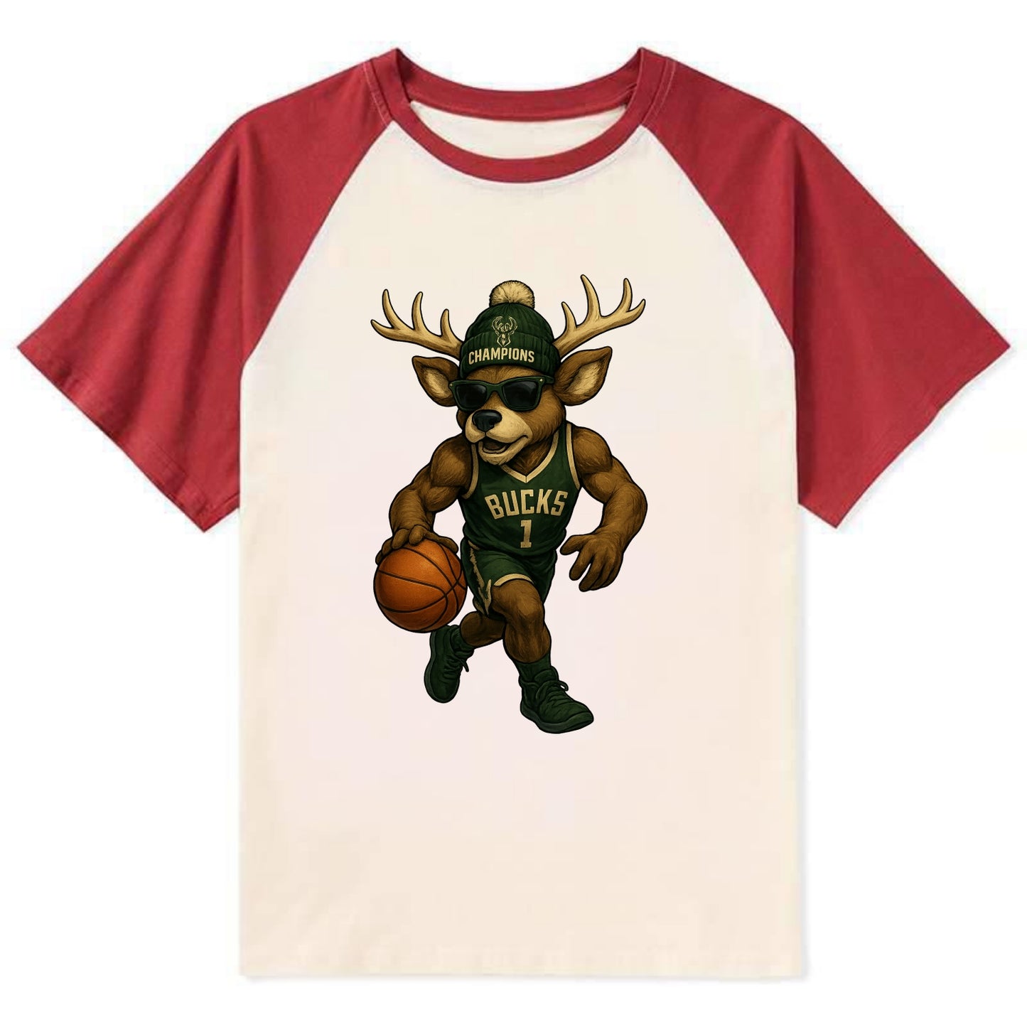Milwaukee Buck Deer wearing Bucks green and cream beanie with antlers and - Contrast Raglan T-shirt - Red