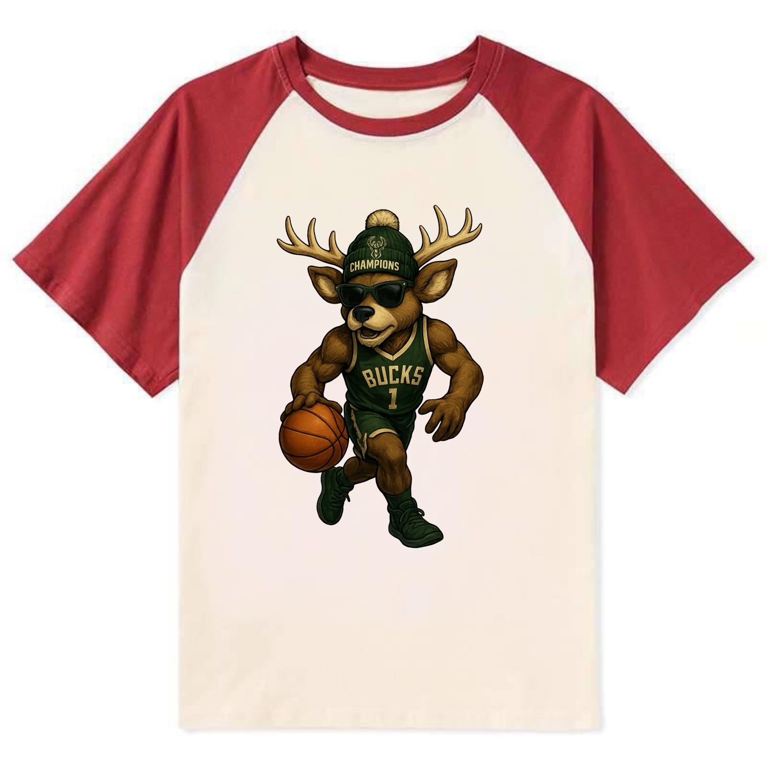 Milwaukee Buck Deer wearing Bucks green and cream beanie with antlers and - Contrast Raglan T-shirt - Red