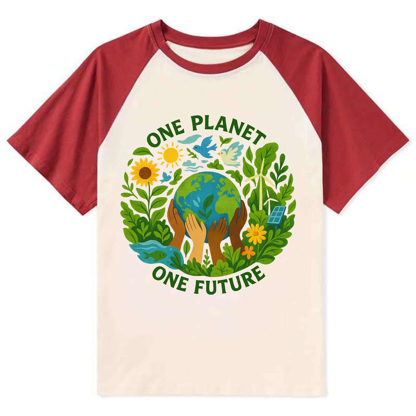 Globe surrounded by hands of all colors working together - "One Planet, - Contrast Raglan T-shirt - Red
