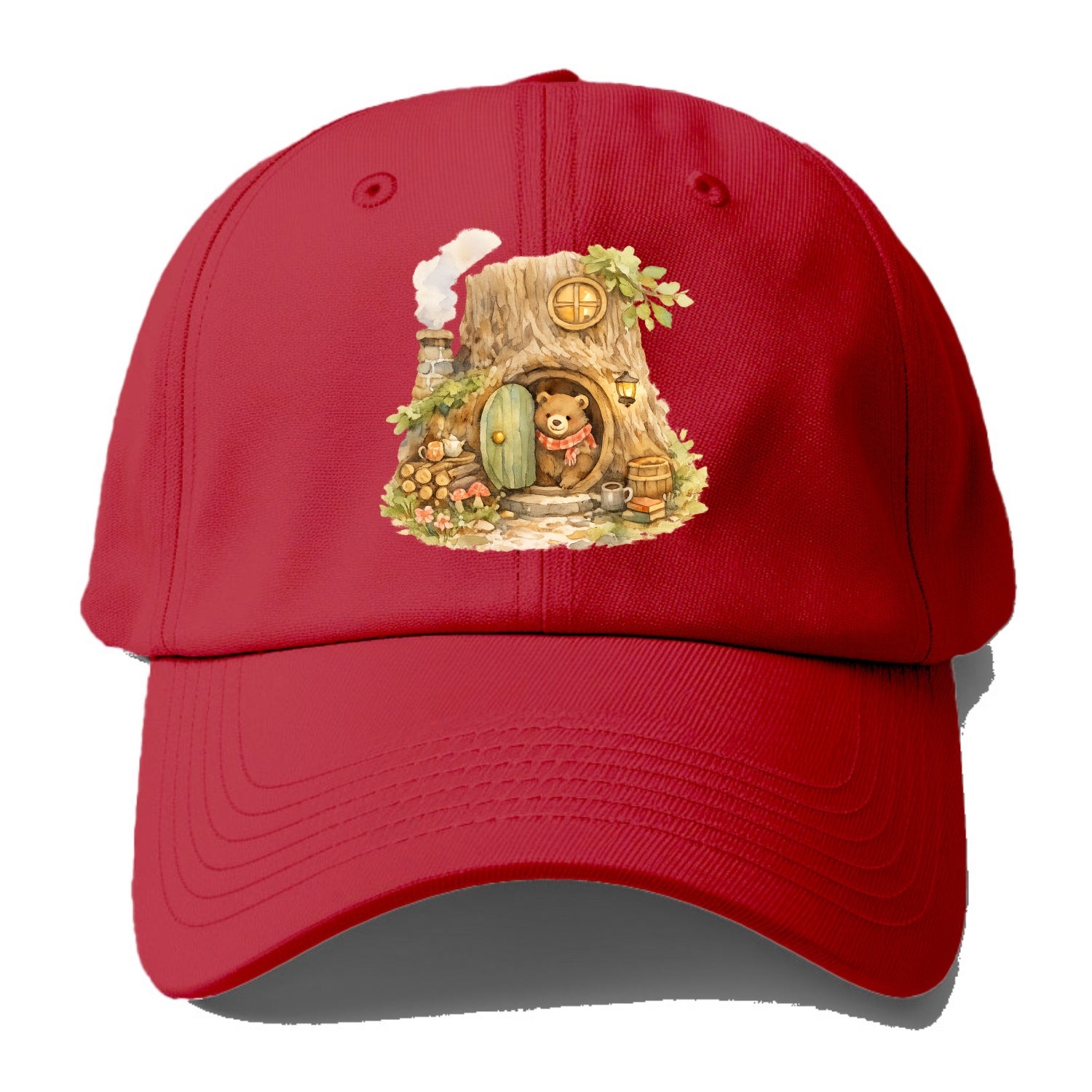 TREE HOME | Bear's home in hollow tree | Round door | Chimney smoke | Woodland - Baseball Cap - Red