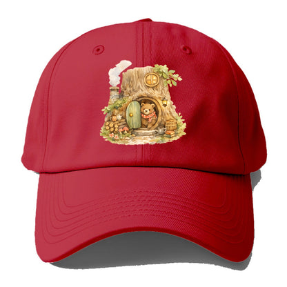 TREE HOME | Bear's home in hollow tree | Round door | Chimney smoke | Woodland - Baseball Cap - Red