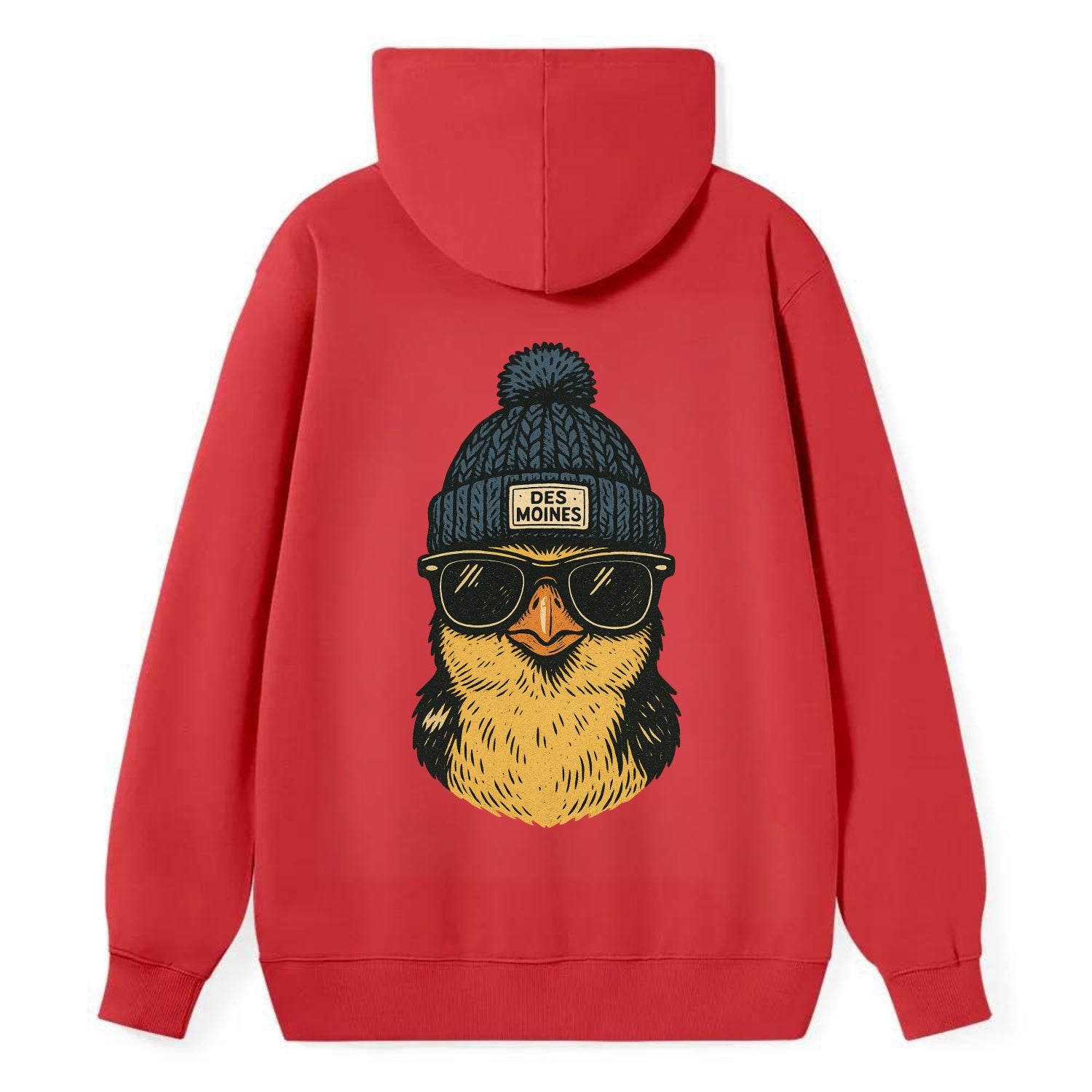 Iowa Goldfinch wearing Des Moines beanie with pom pom and wayfarer - Classic Pullover Hoodie - Red