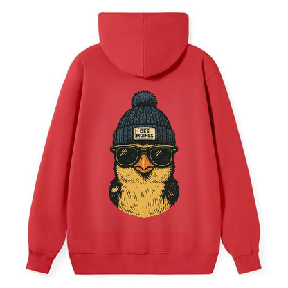 Iowa Goldfinch wearing Des Moines beanie with pom pom and wayfarer - Classic Pullover Hoodie - Red