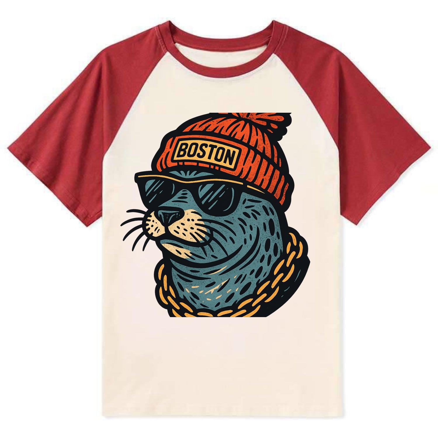Boston Harbor Seal wearing Boston beanie with pom pom and wayfarer - Contrast Raglan T-shirt - Red