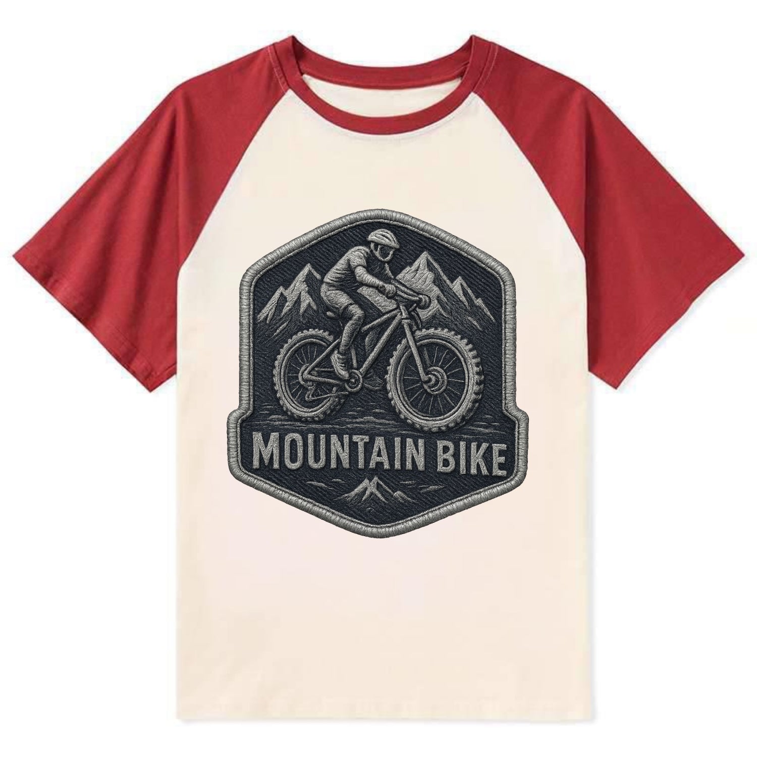 Mountain bike with rugged tires - cyclist badge - Contrast Raglan T-shirt - Red