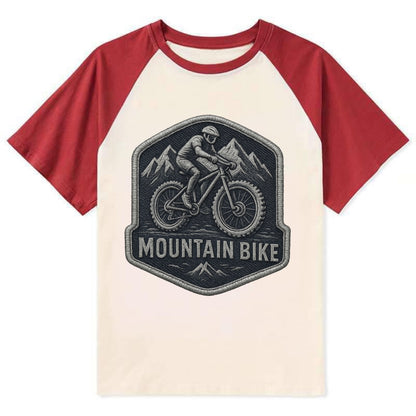 Mountain bike with rugged tires - cyclist badge - Contrast Raglan T-shirt - Red