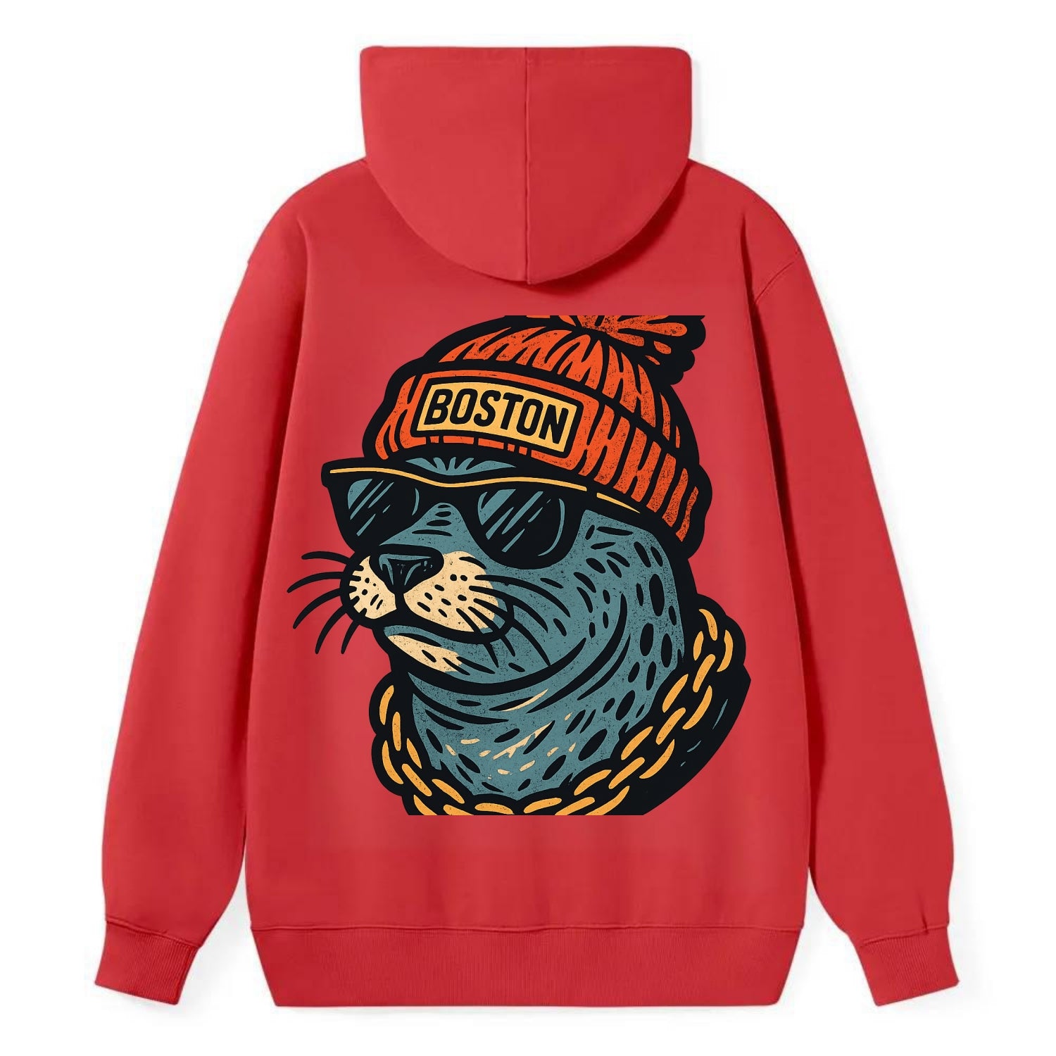 Boston Harbor Seal wearing Boston beanie with pom pom and wayfarer - Classic Pullover Hoodie - Red