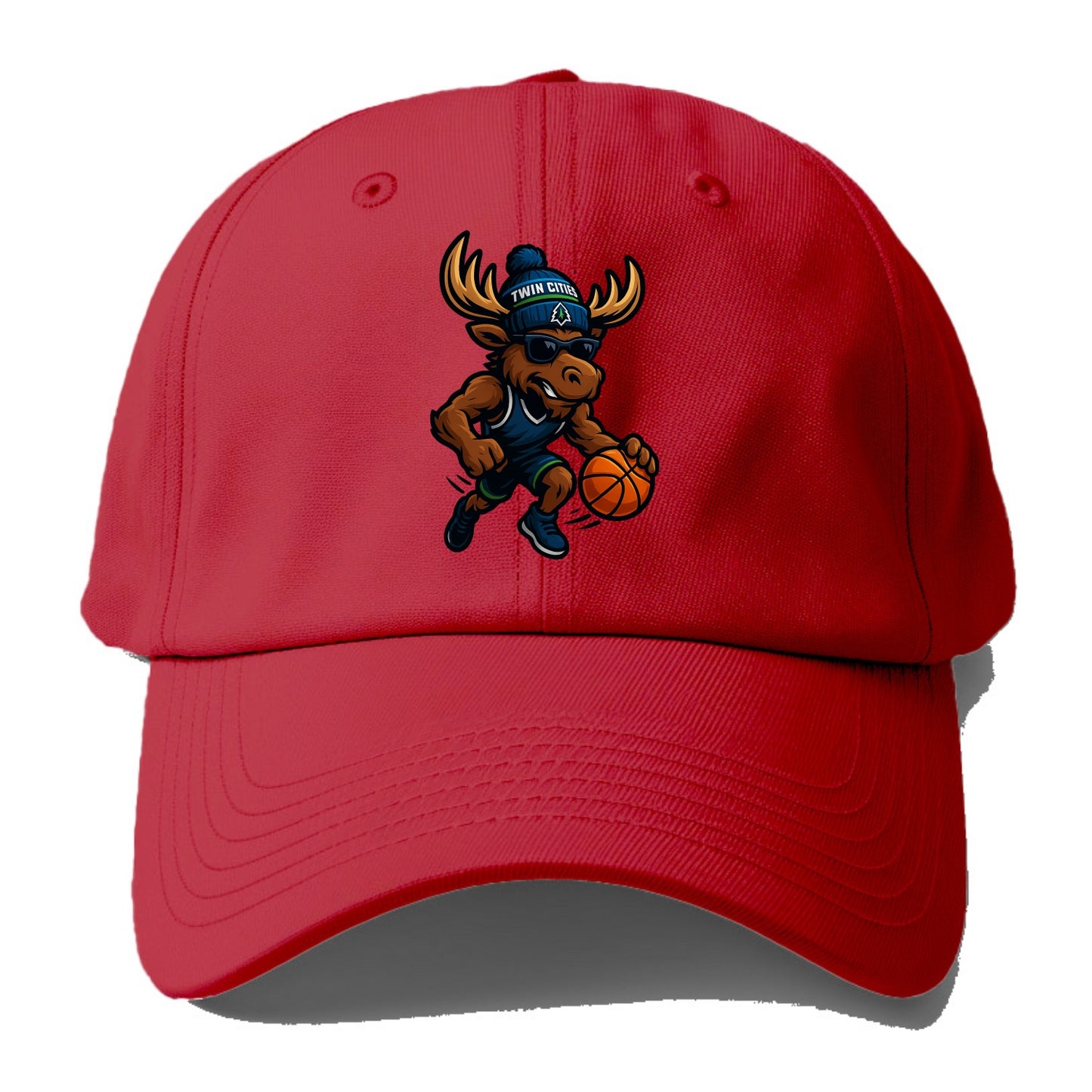 Twin Cities Moose wearing Timberwolves beanie with pine tree patch and wayfarer - Baseball Cap - Red