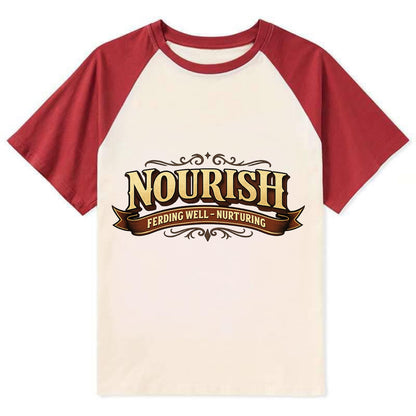 Bold typography design - "NOURISH" - feeding well, nurturing - Contrast Raglan T-shirt - Red