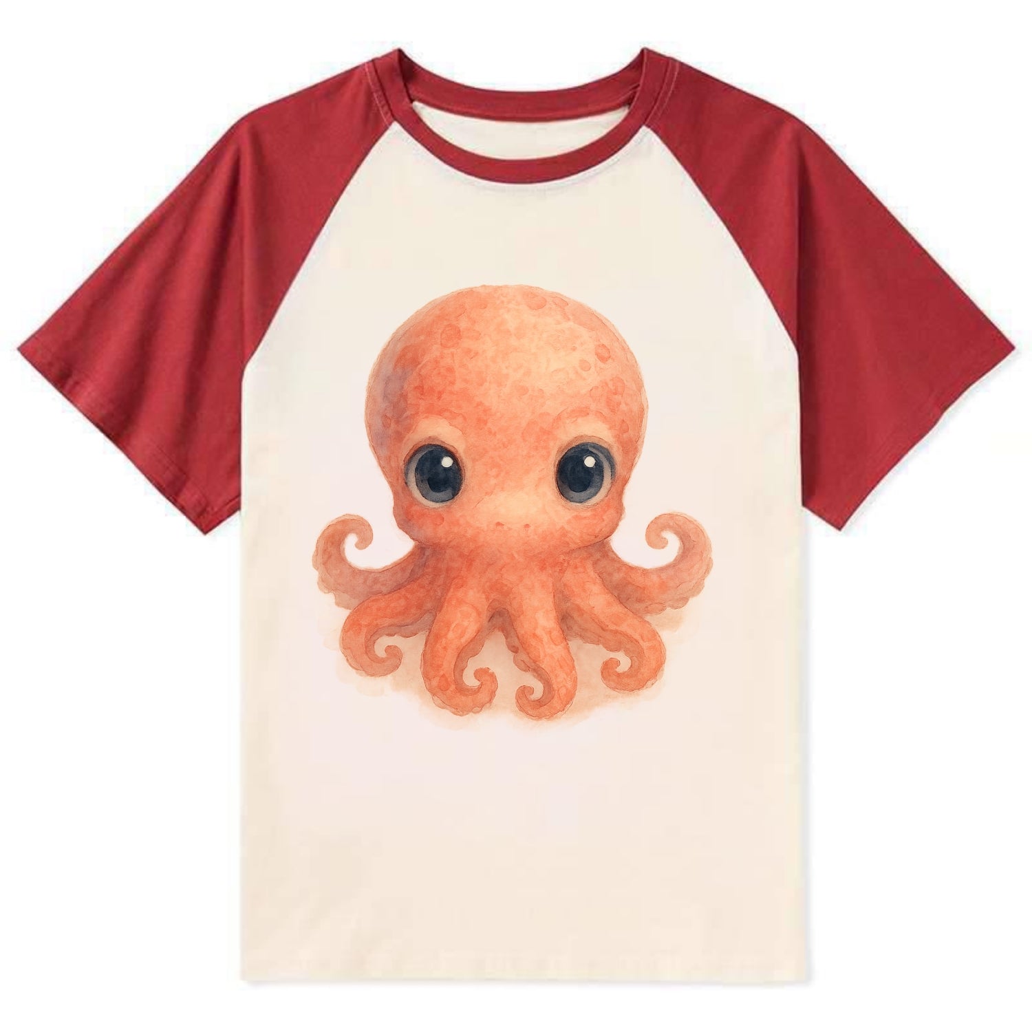 Baby Octopus - red-orange, eight tiny tentacles curled, large intelligent - Contrast Raglan T-shirt - Red