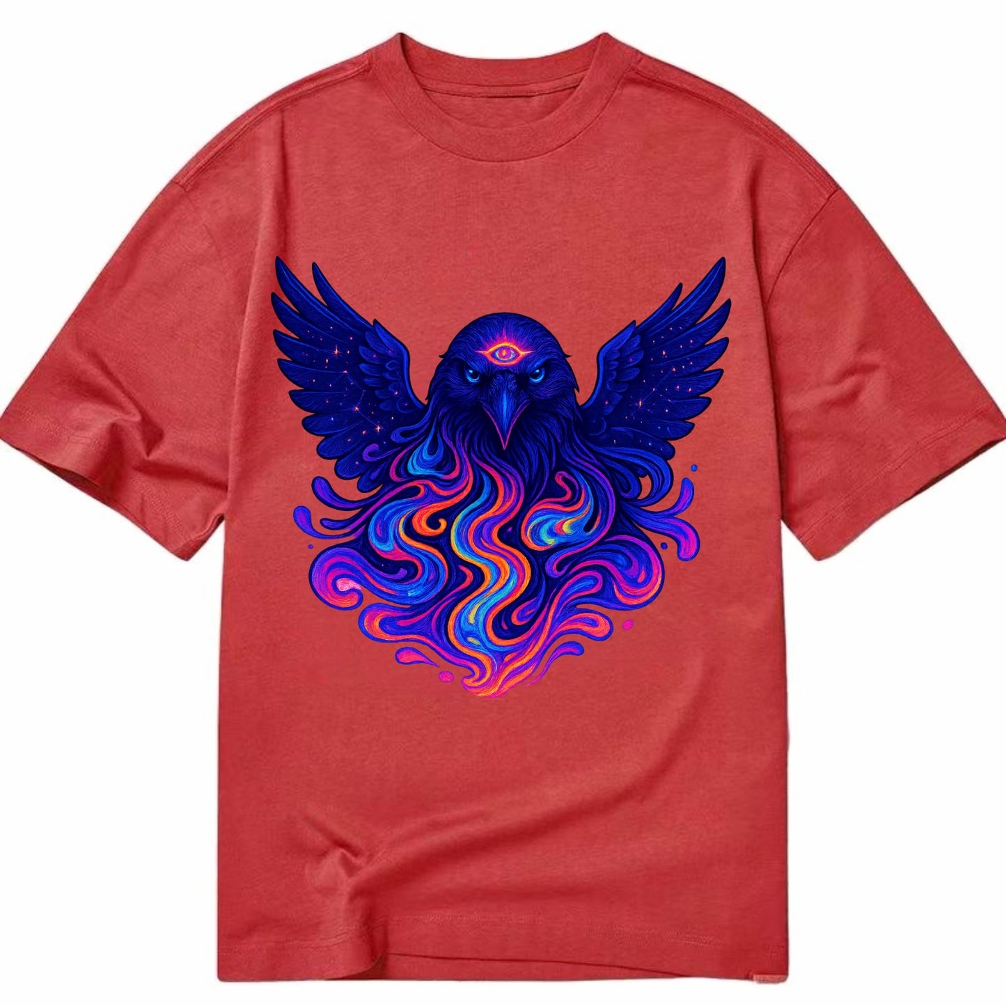 Mysterious raven with feathers showing future visions in neon colors, wings - Classic T-shirt - Red